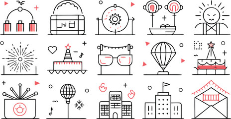 Naklejka premium Collection of hand drawn line art icons with red accents depicting various objects and concepts vector