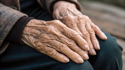 Fototapeta premium The image presents a close-up view of an elderly person's hands, revealing the intricate details of age through the wrinkles and texture of the skin, conveying