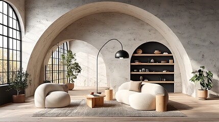 Sunlit living room with arched walls, cream sofas, wooden coffee table, and potted plants