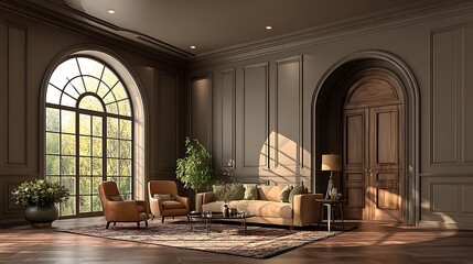 Sunlit living room with arched windows, dark walls, and elegant furniture.  Warm, inviting atmosphere