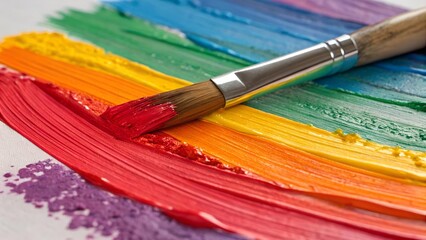 Fototapeta premium The close-up image showcases a paintbrush laying across a vibrant rainbow of painted brushstrokes, with the red paint on the brush blending into the red stripe on the