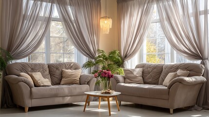 Sunlit living room with beige sofas, sheer curtains, and a coffee table displaying flowers
