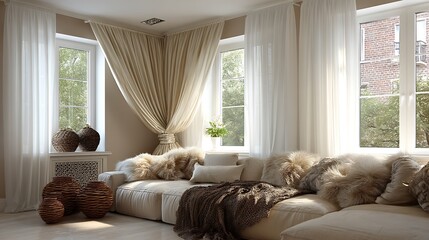 Sunlit living room with beige sofa, fluffy cushions, and sheer curtains