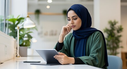 A thoughtful young woman in a hijab thoughtfully uses a tablet computer while sitting at a desk in a modern .