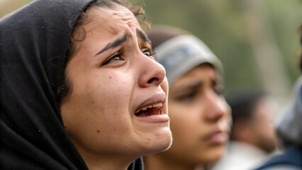 An emotional image shows a young woman wearing a head covering with a pained expression, her mouth open as if crying or speaking out, with another person blurred behind