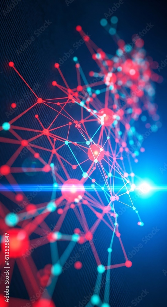 Poster abstract network of red and teal nodes connected by lines with a bright blue light on the right side