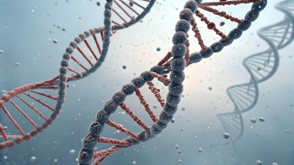 The image shows a close-up of two DNA strands intertwined in a double helix against a blurred light blue background with floating particles, emphasizing the genetic