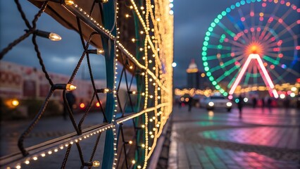 A wrought iron fence adorned with warm fairy lights stands in the foreground, with a blurred, colorful Ferris wheel and a city scene in the