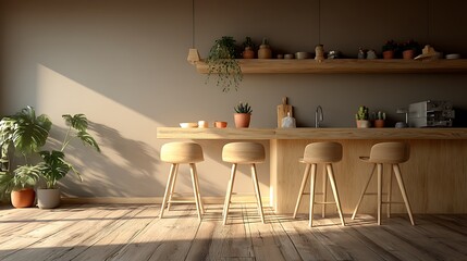 Sunlit minimalist kitchen with wooden counter, stools, and plants