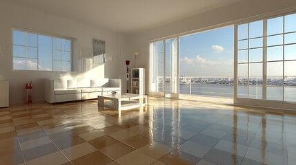 Sunlit modern living room with city view, featuring white furniture, tiled floor, and large windows