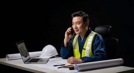 A focused construction manager works late at night reviewing blueprints and taking a phone call.