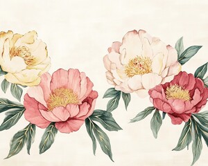 Delicate watercolor peony blooms with loose brushstrokes and gold ink embellishments are arranged in a vintage botanical border on cream paper.