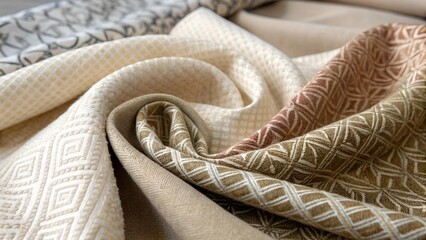 Close-up showing textured fabrics in neutral tones, with repeating geometric patterns, rolled and layered for a soft, inviting feel and visual