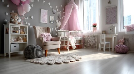 Sunlit nursery, pastel decor, crib, armchair, toys, rug