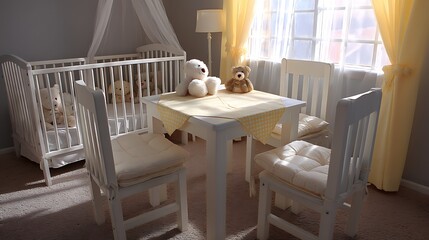 Sunlit nursery with crib, table, chairs, and teddy bears