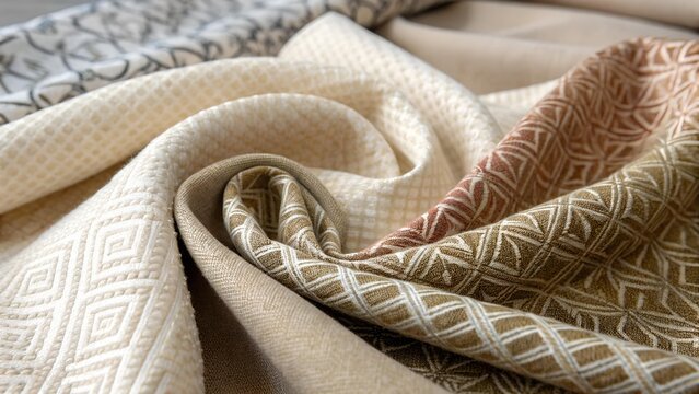 Close-up showing textured fabrics in neutral tones, with repeating geometric patterns, rolled and layered for a soft, inviting feel and visual