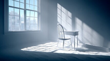 Sunlit room, desk, chair near window. Minimalist interior design