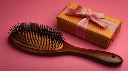 A wooden hairbrush with black bristles lies next to a gold gift box tied with a shiny ribbon on a pink surface.