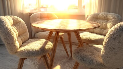 Sunlit room, round wooden table, four fluffy cream chairs. Cozy interior scene