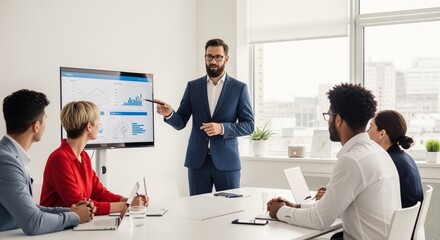 A diverse team listens attentively as their colleague presents data on a large screen during a productive business meeting.
