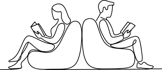 Couple sitting back to back reading books in comfortable chairs