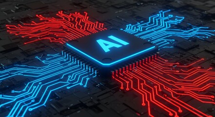 AI Circuitry: A dynamic depiction of a central processing unit with AI boldly emblazoned, illuminated with vibrant red and blue circuit pathways, representing advanced technological innovation.