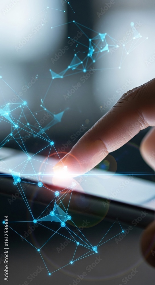 Aufkleber a finger touches a screen with a network visualization overlay, creating a bright point of contact