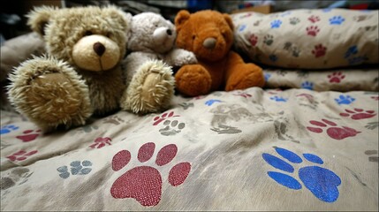 Teddy bears on a bed with paw prints