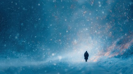 Fototapeta premium Person walking alone through heavy snowfall in a serene winter forest