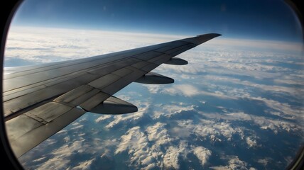 Obraz premium Scenic aerial view from an airplane window, showing the wing soaring high above a vast expanse of clouds
