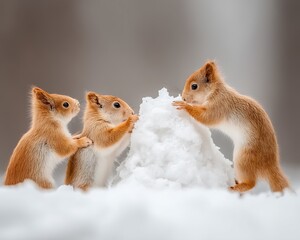 Three adorable red squirrels collaboratively build a small snow mound in a snowy winter scene