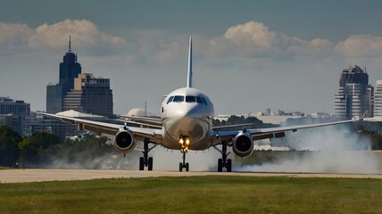 Fototapeta premium Airplane Landing Approach with City Skyline Background