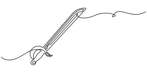Continuous one line drawing of sword vector illustration, Sword icon line continuous drawing vector. Hand holding sword continuous line art drawing. One line Sword icon vector background.