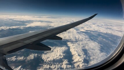 Obraz premium Spectacular aerial view from an airplane window, with the wing gliding above a sea of white clouds. Concept of modern travel and exploration.