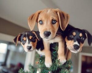 Three adorable puppies playfully perched atop a miniature Christmas tree