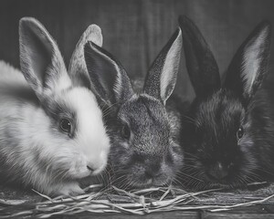 Three baby rabbits in grayscale