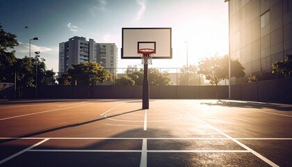 Outdoor basketball court with hoop, backboard, and painted lines in an urban setting, with buildings and trees in the background.