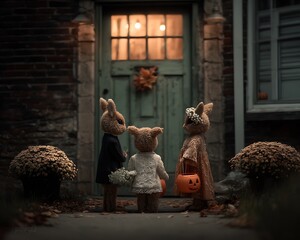 Three cute, costumed figures stand before a warmly lit door on a fall evening, possibly trick-or-treating