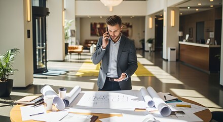 A focused architect reviews blueprints while speaking on his phone in a modern building's lobby.