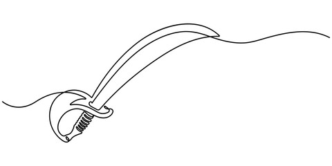 Continuous one line drawing of sword vector illustration, Sword icon line continuous drawing vector. Hand holding sword continuous line art drawing. One line Sword icon vector background.