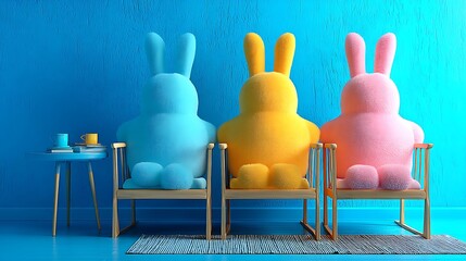 Three plush bunnies, pastel colors, seated on chairs against a blue wall