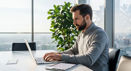 A focused young man works diligently on his laptop in a modern , bathed in natural light from large overlooking a cityscape.