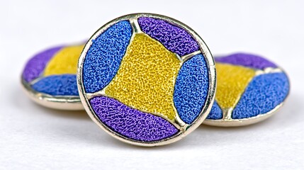 Three round buttons, purple and yellow, silver trim. Close-up