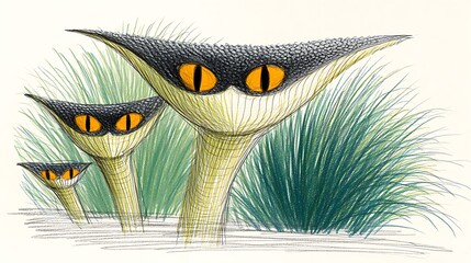 Three whimsical, cat-eyed plants emerge from tall grass, their unique forms captivating