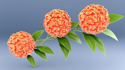 Three vibrant orange blossoms on a stem with lush green leaves, against a muted blue background