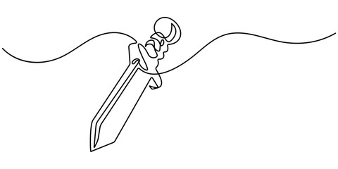Continuous one line drawing of sword vector illustration, Sword icon line continuous drawing vector. Hand holding sword continuous line art drawing. One line Sword icon vector background.