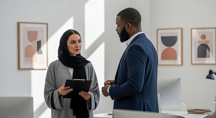 A man and woman in professional attire engage in a serious business discussion in a modern setting.