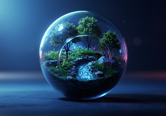 Miniature Landscape in Glass Orb with Trees and Stream on Dark Surface