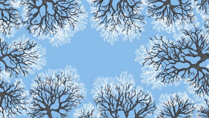 Bare tree branches with light snow dusting against a light blue sky, viewed from below, creating a natural frame