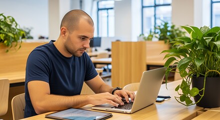A focused young man works diligently on his laptop in a modern, bright space, surrounded by plants and natural light.
